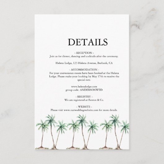 Moderne Waterverf palm Tree Wedding Informatiekaartje (Voorkant)
