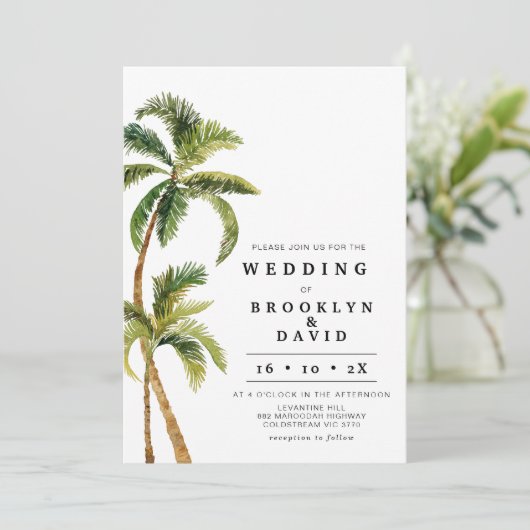 Moderne Waterverf palm Tree Wedding Kaart (Staand voorkant)