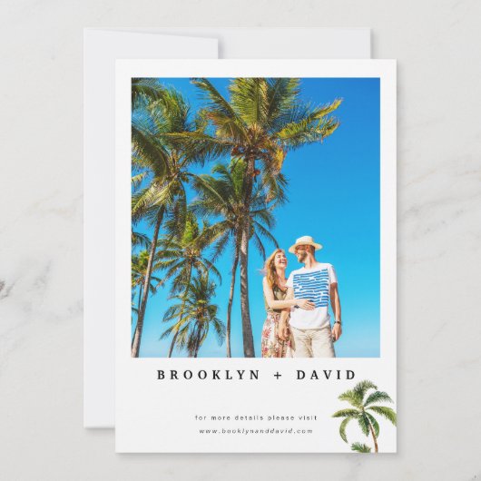 Moderne Waterverf palm Tree Wedding Kaart (Achterkant)