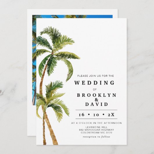 Moderne Waterverf palm Tree Wedding Kaart (Voorkant / Achterkant)
