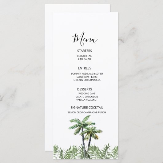 Moderne Waterverf palm Tree Wedding Menu (Voorkant / Achterkant)