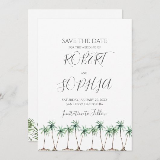 Moderne Waterverf Palmboom Bruiloft Save The Date (Voorkant / Achterkant)