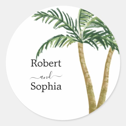 Moderne Waterverf Palmboom Trouwdag Ronde Sticker (Voorkant)