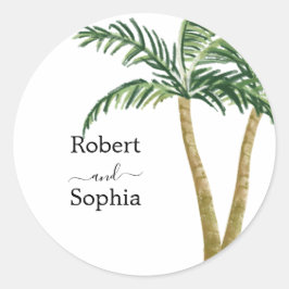 Moderne Waterverf Palmboom Trouwdag Ronde Sticker