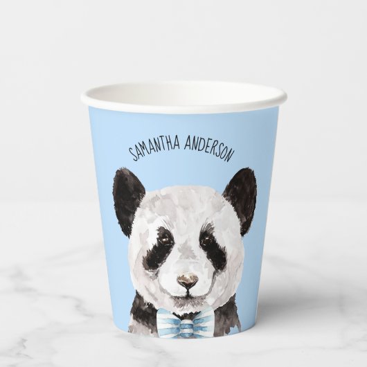 Moderne Waterverf Panda met naam en pastblauw Papieren Bekers (Achterkant)