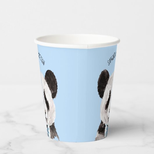 Moderne Waterverf Panda met naam en pastblauw Papieren Bekers (Rechts)