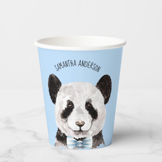 Moderne Waterverf Panda met naam en pastblauw Papieren Bekers (Voorkant)