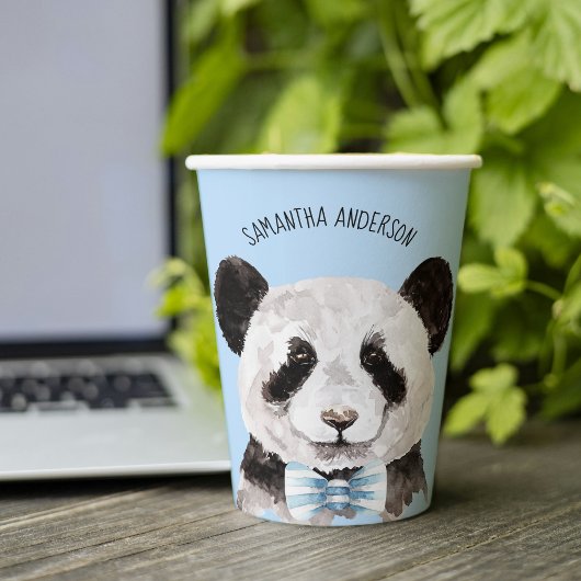 Moderne Waterverf Panda met naam en pastblauw Papieren Bekers