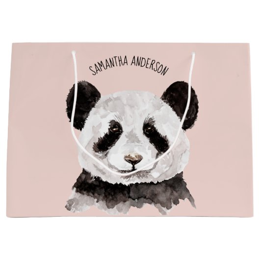 Moderne Waterverf Panda met naam en pastelroze Groot Cadeauzakje (Voorkant)