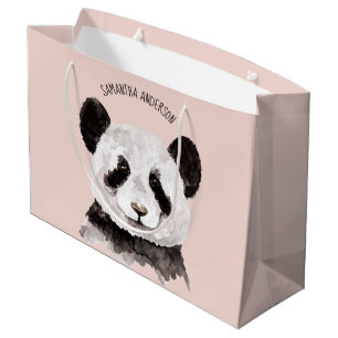 Moderne Waterverf Panda met naam en pastelroze Groot Cadeauzakje