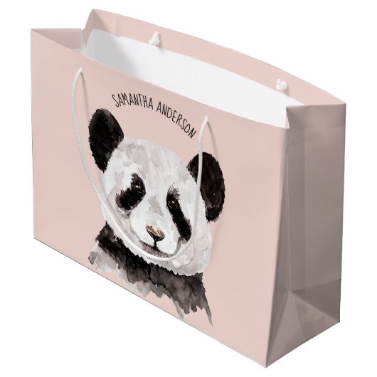 Moderne Waterverf Panda met naam en pastelroze Groot Cadeauzakje (Achterkant Gekanteld)
