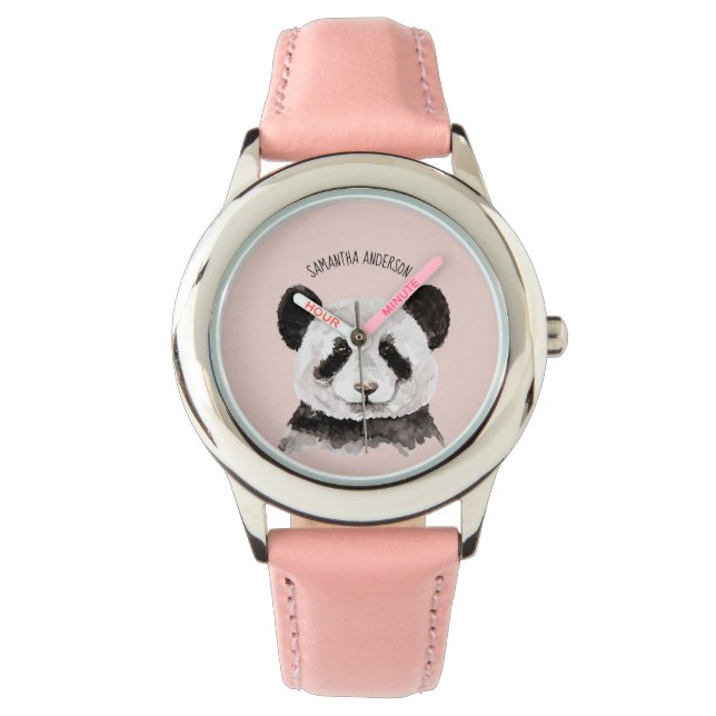 Moderne Waterverf Panda met naam en pastelroze Horloge (Voorkant)