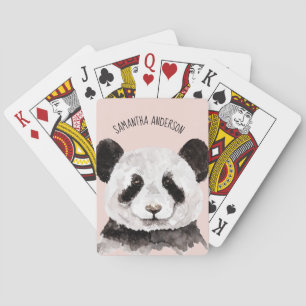 Moderne Waterverf Panda met naam en pastelroze Pokerkaarten