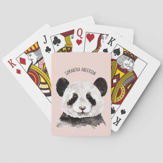 Moderne Waterverf Panda met naam en pastelroze Pokerkaarten (Achterkant)