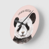 Moderne Waterverf Panda met naam en pastelroze Ronde Klok (Hoek)