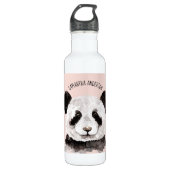 Moderne Waterverf Panda met naam en pastelroze Waterfles (Voorkant)