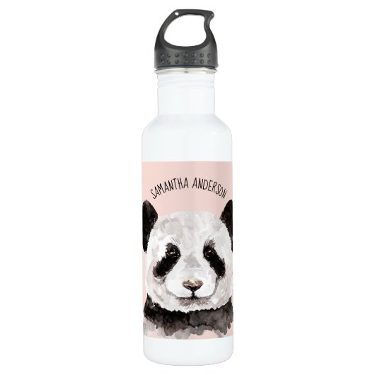 Moderne Waterverf Panda met naam en pastelroze Waterfles (Voorkant)