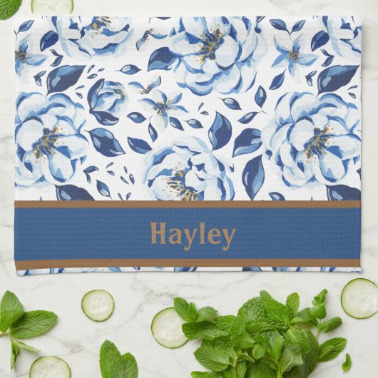 Moderne Waterverf Pastel Blauwe Bloemen Patroon Na Theedoek (Gevouwen)