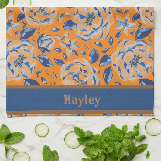 Moderne Waterverf Pastel Blue Flowers Patroonnaam Theedoek (Gevouwen)