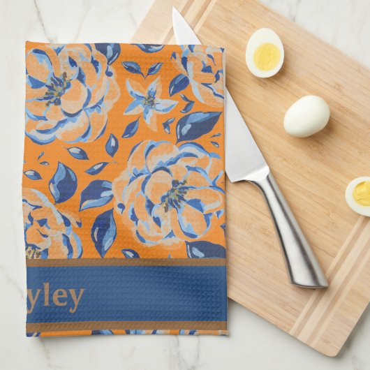 Moderne Waterverf Pastel Blue Flowers Patroonnaam Theedoek (Quarter Fold)