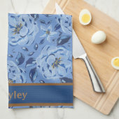 Moderne Waterverf Pastel Blue Flowers Patroonnaam Theedoek (Quarter Fold)