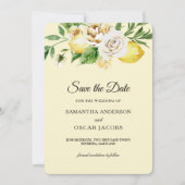 Moderne waterverf pastelgele citroenen & blad save the date (Voorkant)
