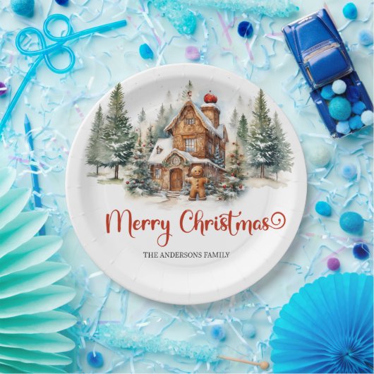 Moderne waterverf peperkoek huis in bos papieren bordje (Feest)