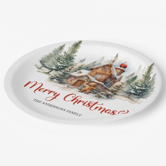 Moderne waterverf peperkoek huis in bos papieren bordje (Gekanteld)