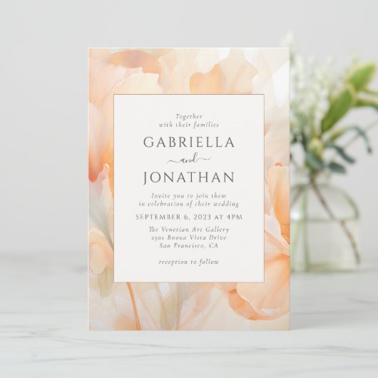 Moderne Waterverf Perzik Bloemenbruiloft Kaart (Staand voorkant)
