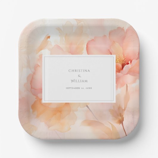 Moderne Waterverf Perzik Bloemenbruiloft Papieren Bordje (Voorkant)