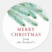 Moderne Waterverf Pine Boughs Festive Kerstmis Ronde Sticker (Voorkant)