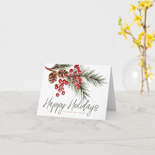 Moderne Waterverf Pine Branch & Berries Kerst Kaart (Gele Bloem)