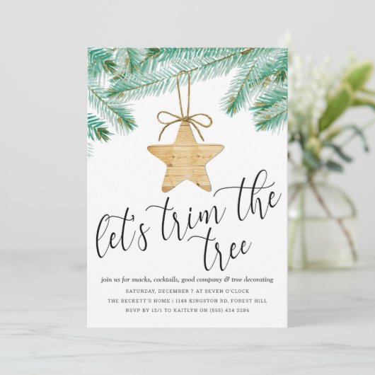 Moderne Waterverf Pine Tree Trimming Party Kaart (Staand voorkant)