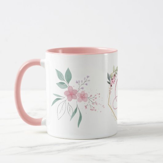Moderne Waterverf Pink Flowers B Monogram voor haa Mok (Links)