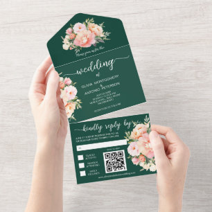 Moderne Waterverf Pioen Smaragd QR Code Bruiloft All In One Uitnodiging