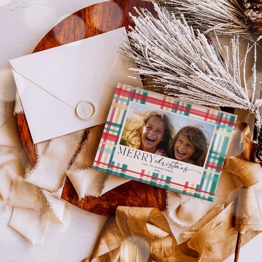 Moderne Waterverf Plaid Christmas Foto Feestdagenkaart