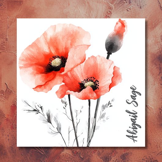 Moderne Waterverf Poppy Floral Vierkante Visitekaartje