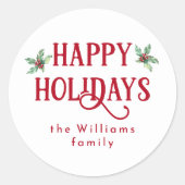 Moderne Waterverf Prettige feestdagen Holly & Red Ronde Sticker (Voorkant)