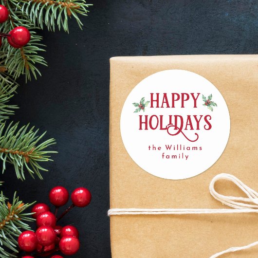 Moderne Waterverf Prettige feestdagen Holly & Red Ronde Sticker