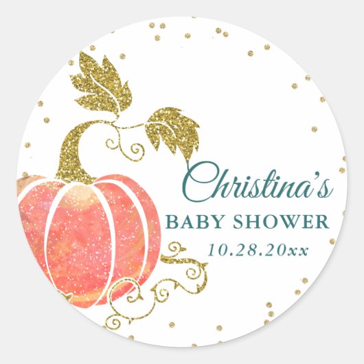 Moderne Waterverf Pumpkin Gold Glitter Baby shower Ronde Sticker (Voorkant)