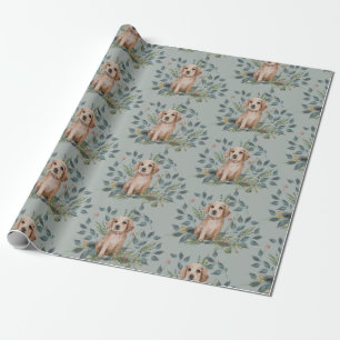 Moderne Waterverf Puppy Dog Floral Eucalyptus Sage Cadeaupapier