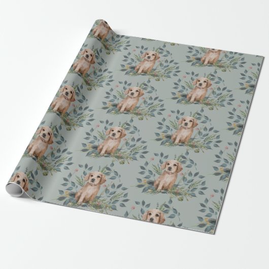 Moderne Waterverf Puppy Dog Floral Eucalyptus Sage Cadeaupapier (Uitgerold)