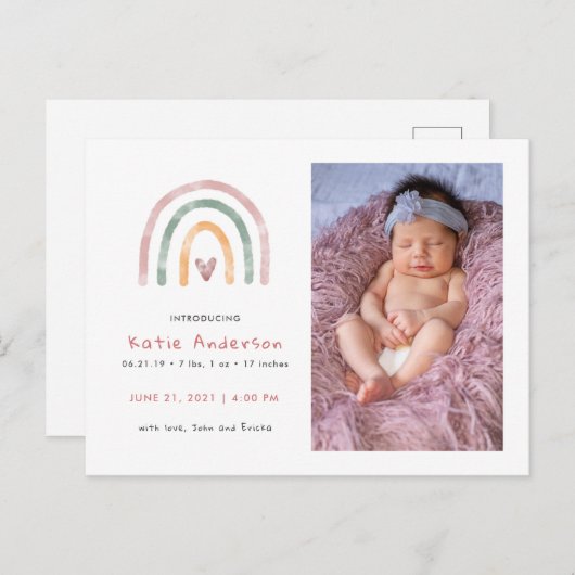 Moderne Waterverf regenboog met hartgeboorte Uitnodiging Briefkaart (Voorkant / Achterkant)