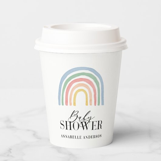 Moderne waterverf regenboogvormig baby shower papieren bekers (Achterkant)