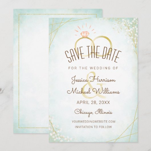 Moderne Waterverf Rings Twigs Bloom Blauwgroen geo Save The Date (Voorkant / Achterkant)