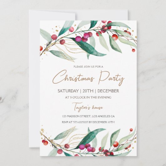 Moderne Waterverf rode bessen kerstfeest Kaart (Voorkant)