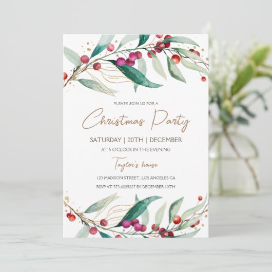 Moderne Waterverf rode bessen kerstfeest Kaart (Staand voorkant)