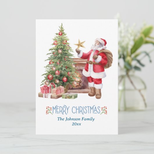 moderne waterverf rode kerstman met een kerstboom  feestdagenkaart (Staand voorkant)