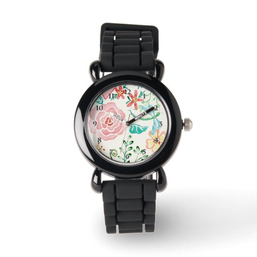 Moderne waterverf Romantic Floral Dragonfly Heart Horloge (Voorkant)