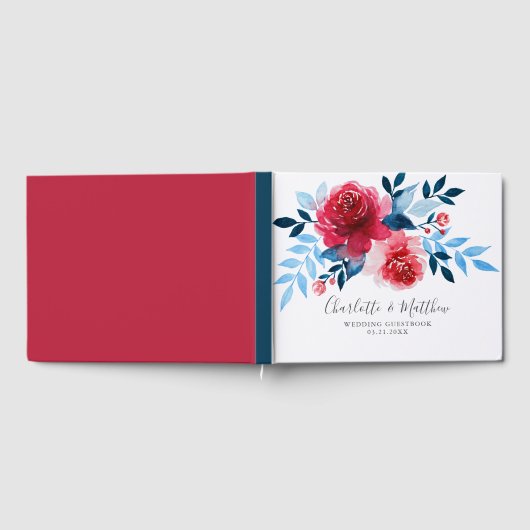 Moderne Waterverf Rood Blauw Bloemen Bruiloft Gastenboek (Volledig)